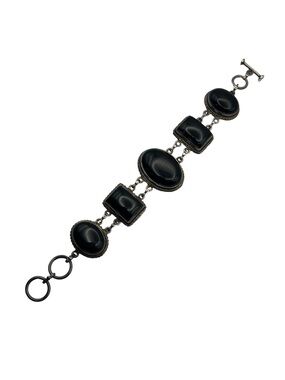 Sterling silver handmade black cabochon stone chain vintage bracelet